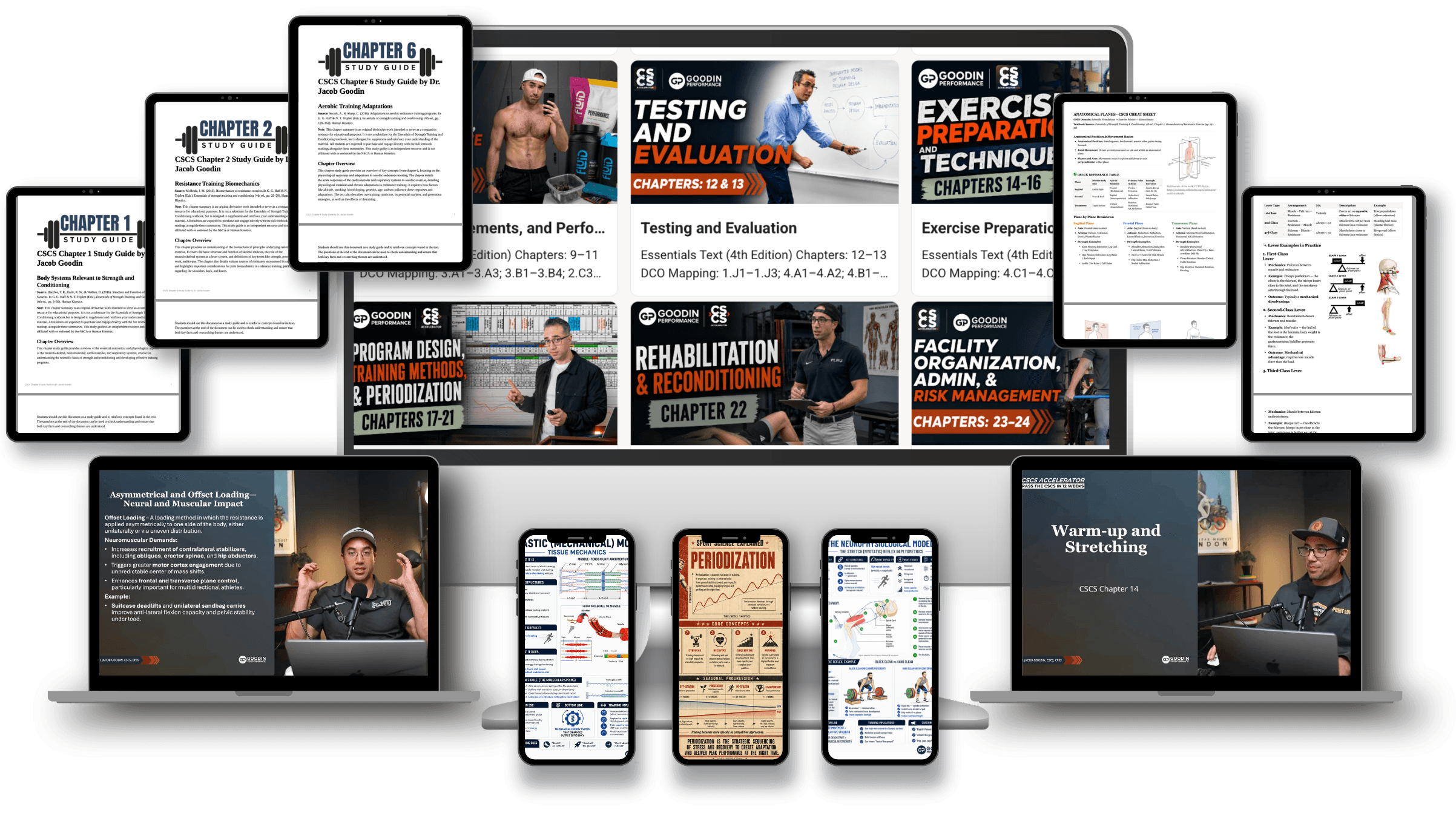 The CSCS Accelerator across desktop, laptop, tablet, and phone: video lectures, chapter study guides, cheat sheets, and practice quizzes